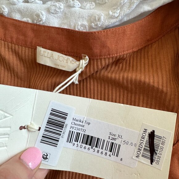 NWT Ulla Johnson Marika Top Puff Sleeves Scoop Neck Rib Knit Sz XL In Chestnut - Picture 4 of 11